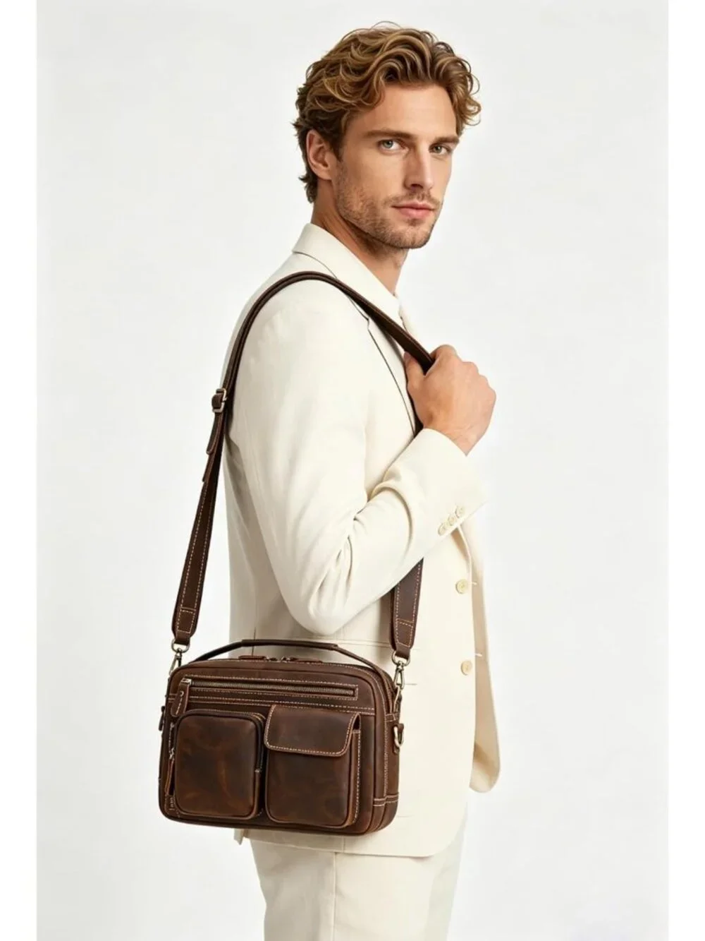 Stylish Full Grain Leather Messenger Bag for Men - Crossbody Travel & Work Purse